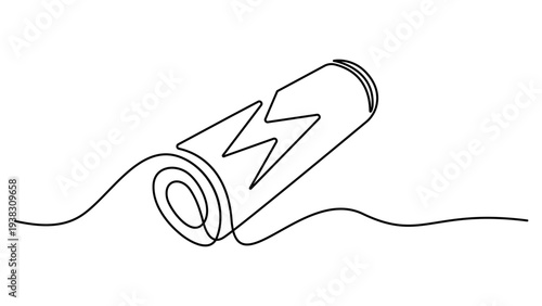 Charging battery icon continuous one line drawing with lightning bolt on white background. Continuous one line drawing of battery charging vector illustration
