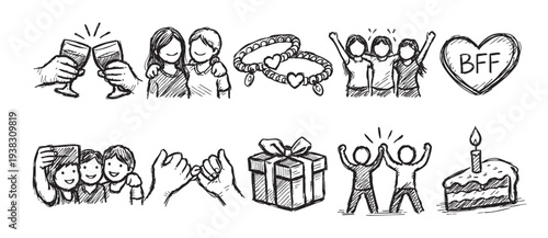 A hand-drawn style illustration depicts friendship icons like clinking glasses, hugging friends, matching bracelets, a group hug, and a cake slice, ideal for greeting cards.