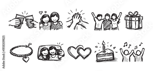 Black and white doodle illustrations depicting celebratory events, friendships, and special moments, including clinking glasses, high fives, gifts, cake, and music, perfect for designs about joy.