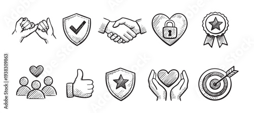 Hand drawn vector icon set illustrating business values like security, handshake, guarantee, protection, and goal achievement, alongside relationship icons like trust and love.
