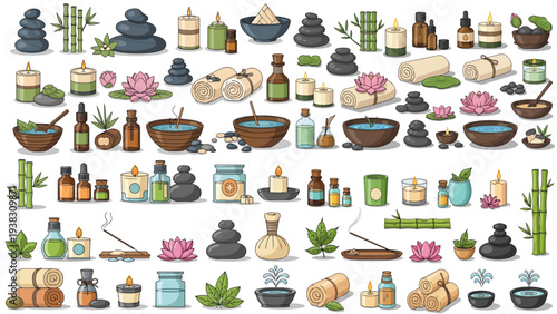 Natural wellness spa lifestyle collection with Zen meditative aromatherapy elements, herbal oils, stones, candles, and calming rituals for relaxation and balance.