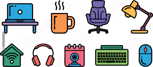 Colorful set of home office items, computer, coffee, chair, lamp, house, headphones, webcam, keyboard, mouse