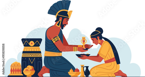 Ancient king offers a luxurious gift to his queen in a royal ceremony indoors.