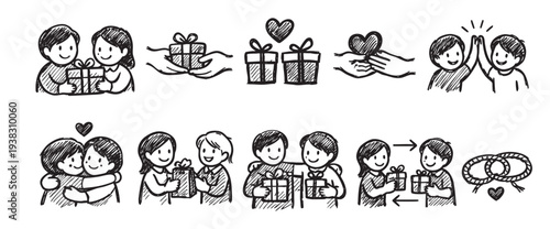 Hand drawn illustration depicting various icons of gifting and receiving presents between people in black and white, perfect for design elements related to relationships, celebrations, and generosity.