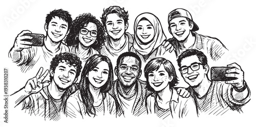 Sketch illustration of a diverse group of young adults smiling for a selfie, creating a happy and inclusive vibe for advertising or social media purposes.