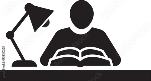 Silhouette of a person reading a book under a desk lamp, study, education, learning, knowledge, concentration, focus, dark background