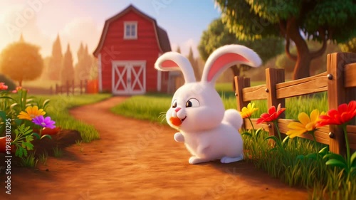 Cartoon bunny with carrot on farm path animation for easter spring season holiday celebration in happy countryside scene