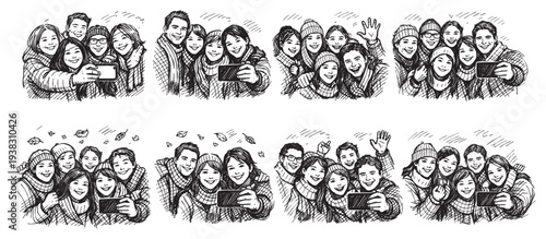 A cheerful line drawing shows diverse groups of friends happily snapping selfies in a variety of outdoor locations, capturing fun and connection. Could be used for social media marketing or travel.