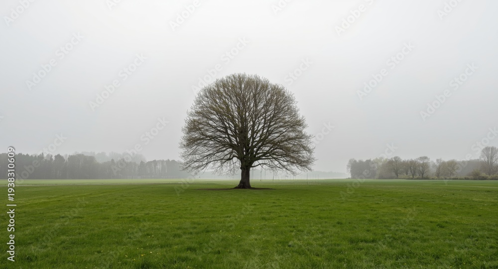 Obraz premium A solitary tree located centrally in an open field of green grass with distant trees