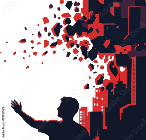 Man in silhouette with arm outstretched amidst crumbling cityscape fragments flying through air