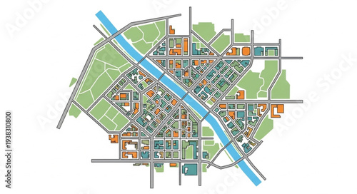 Urban Planning Map with River.