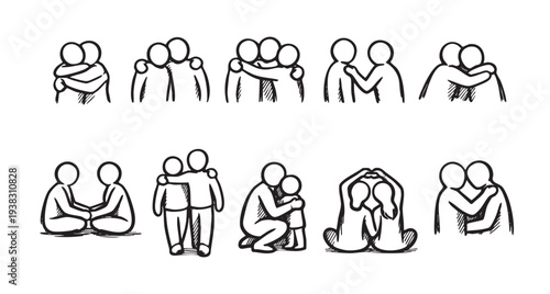 Collection of hand-drawn stick figures embracing, comforting, and supporting each other, representing love, friendship, and human connection, suitable for various design applications.