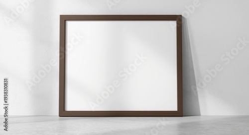 Interior mockup view from front of a blank A1 poster framed horizontally in wood