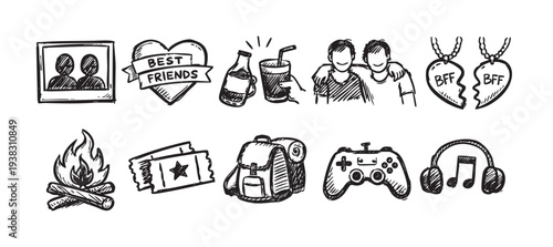Hand-drawn doodles illustrate friendship, featuring images of best friends, travel, music, gaming, and shared experiences like campfires and movie nights. Perfect for social media or design elements.