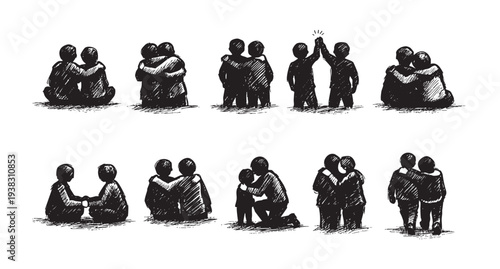 Black and white sketches depict people in various acts of connection: embracing, holding hands, supporting, and high-fiving, representing love, community, and relationships.