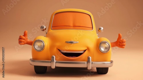 Animated yellow cartoon car with thumbs up on peach background joyful automotive character and positive vibes