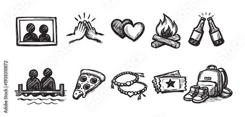 Black and white sketch of travel icons including a couple, high five, hearts, campfire, cheers, pizza, jewelry, tickets, and luggage, representing vacations and adventure.