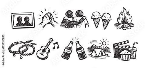 A hand drawn vector illustration of summer activities, including camping, friendship, music, food, and outdoor recreation, evokes a feeling of joy and togetherness.
