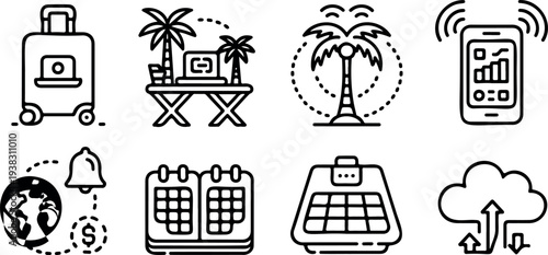 Digital nomad and remote work line icons featuring travel suitcase palm tree laptop and cloud storage symbols