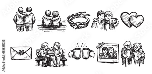 Black and white sketch illustration featuring various depictions of friendship, love, and relationships, including friends hugging, couples, and heartfelt gestures.