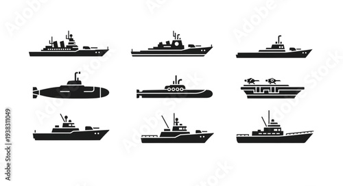 Various Naval Ships and Boats Silhouettes.