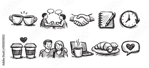 Black and white sketch illustration showcasing various concepts, including a meeting, handshake, love, time management, and work-life balance, perfect for illustrating business, lifestyle.