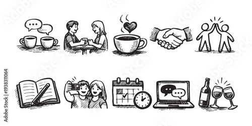 A hand-drawn illustration features business and lifestyle icons including coffee, dating, teamwork, calendar, and wine, making it versatile for diverse applications.