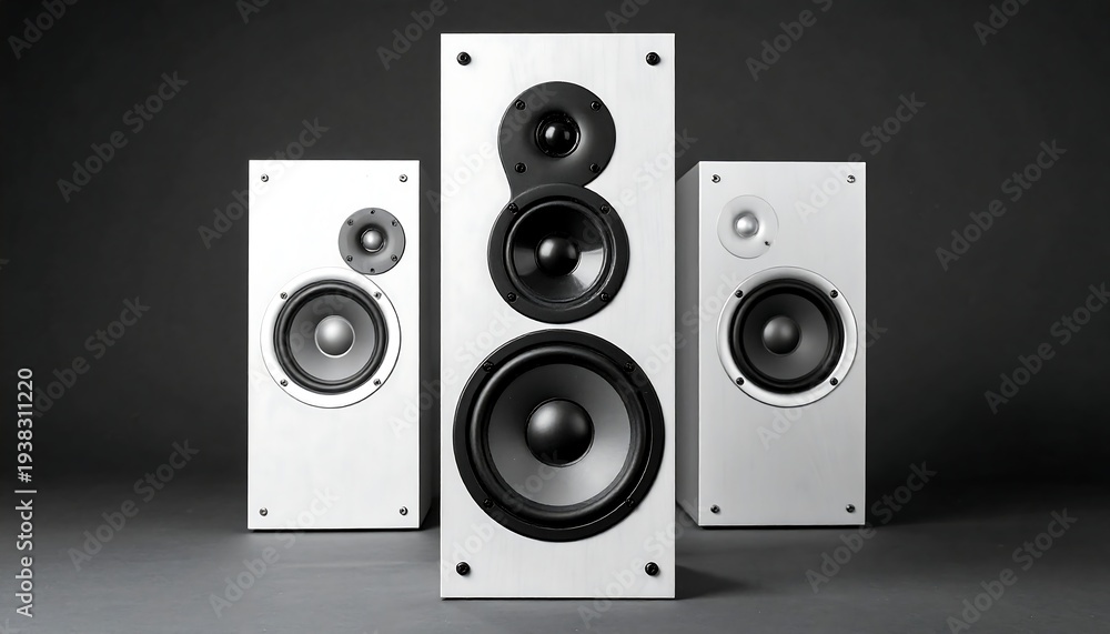 Obraz premium Three white speakers of varying sizes sit on a gray surface, set against a dark gray backdrop