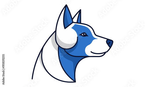 Minimalist blue and white husky dog head illustration profile