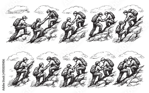 Black and white graphic illustration of hikers helping each other climb up a rocky hill, conveying themes of teamwork, assistance, and overcoming challenges in a mountainous environment.