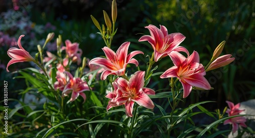 Bright pink lilies flourishing in a tranquil garden with gentle sunlight and abundant greenery