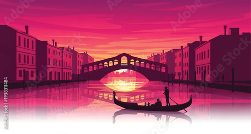 Gondola ride on a Venetian canal at sunset with a bridge and buildings