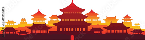 Vibrant illustration of ancient Chinese temples and pagodas in warm sunset hues with intricate details.