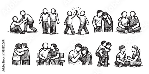 A sketch illustration of various stick figure friends supporting, hugging, and high-fiving each other, conveying themes of friendship, love, and teamwork.