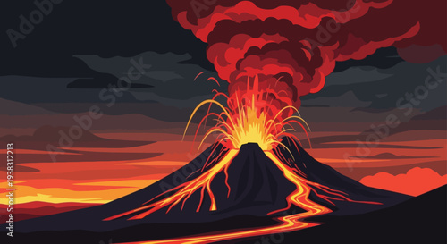 Volcano eruption with lava and smoke exploding into the dark sky at sunset.