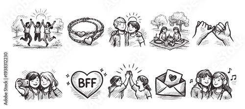 Hand-drawn illustrations showcase the joy of friendship with activities like jumping, picnics, taking selfies, and exchanging friendship bracelets, all conveying a sense of connection and happiness.