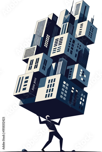 Man struggles to carry a large stack of buildings on his back in the city.