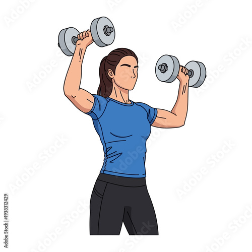Woman lifting dumbbells, exercising shoulders and arms, fitness illustration