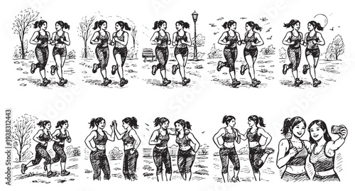 Black and white sketch shows two women jogging in a park, they are wearing sports clothes and sneakers, running together, taking a selfie, giving a high five.