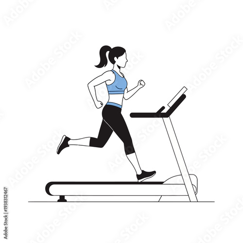 Woman running on treadmill, fitness and cardio workout, healthy lifestyle, vector illustration
