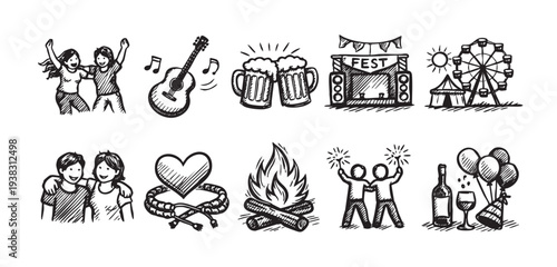 Illustrated festival icons representing music, friendship, celebration, and entertainment, hand-drawn in black and white. The images evoke a fun, social, and lighthearted mood.