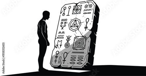 Man standing beside large stone monument with ancient symbols and hieroglyphics.