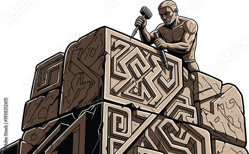 A muscular man skillfully carves an intricate maze design into a large stone block.