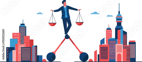 Man balances scales on seesaw between city skylines with clouds in background