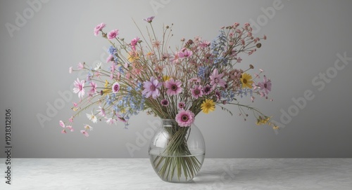 Wallpaper Mural Elegant still life arrangement with delicate wildflowers in shades of pink and blue inside a transparent vase on a neutral gray background Torontodigital.ca