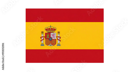 Vibrant national banner of Spain, featuring distinctive red and yellow stripes and the official coat of arms, symbolizing rich history, culture, and national identity