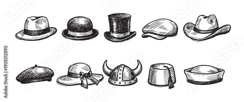 An artistic black and white sketch featuring a collection of various hats including fedoras, bowlers, cowboy hat, beret, and a viking helmet on a white background.