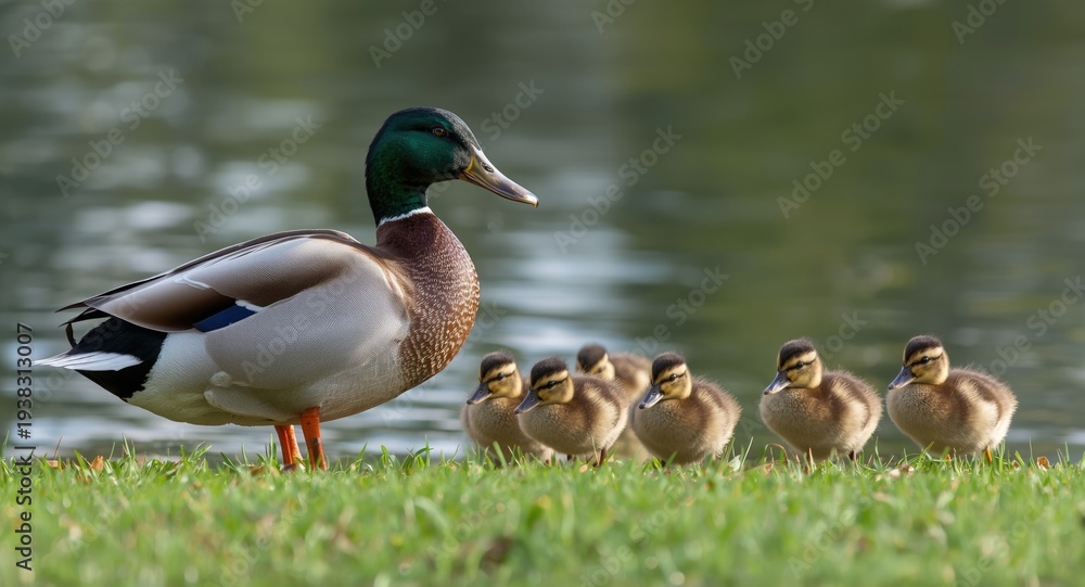 Obraz premium Delighted mother duck with her ducklings waddling on soft grassy shore