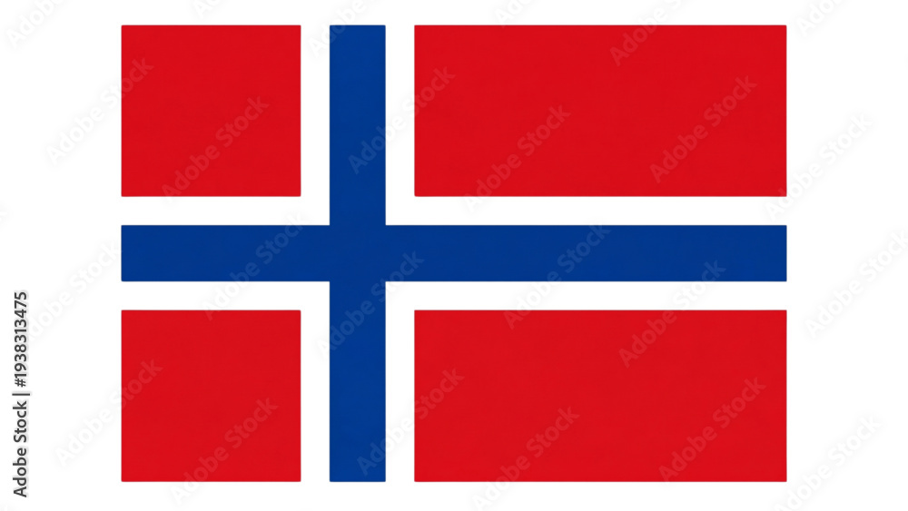 Obraz premium Bold national flag of Norway, showcasing a vivid red background with a prominent blue Scandinavian cross outlined in white, representing the proud Nordic nation's identity