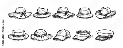 Ten hand-drawn hat illustrations are isolated on a white background, showcasing various styles like sun hats, baseball caps, and cowboy hats, perfect for fashion or design projects.
